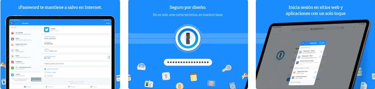 Capturas de pantalla de la app 1Password para iPad