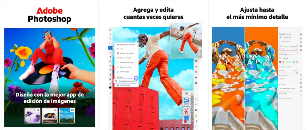 Capturas de pantalla de la app Adobe Photoshop para iPad