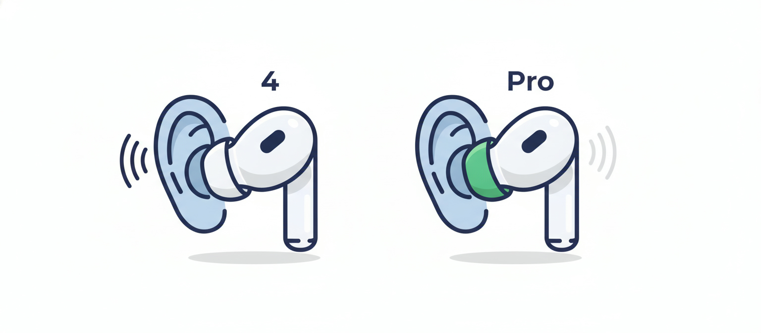 Side view of the open AirPods 4 design leaking sound versus the sealed AirPods Pro 2 silicone tip