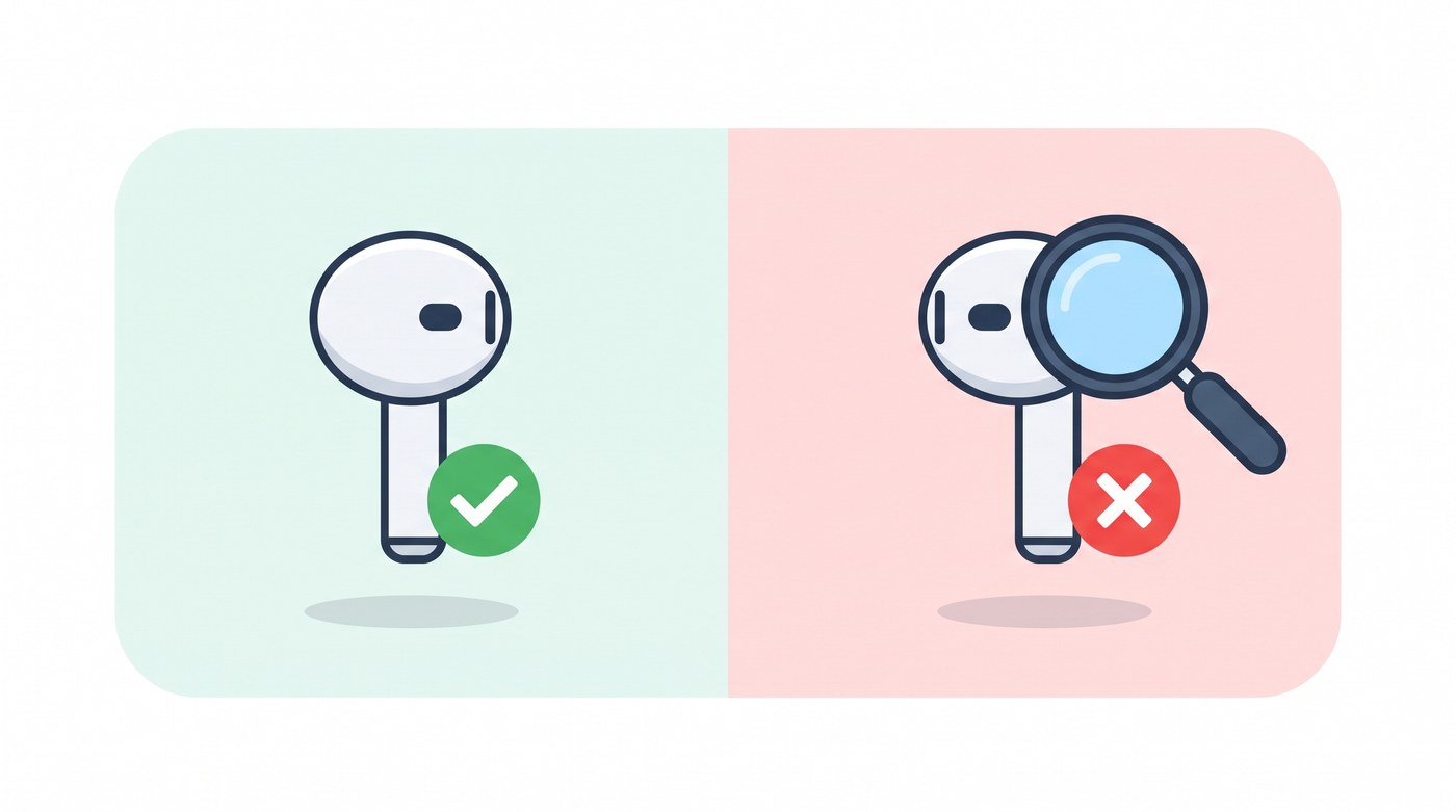 Two identical looking wireless earbuds side by side, one marked with a green check and one with a red cross under a magnifying glass