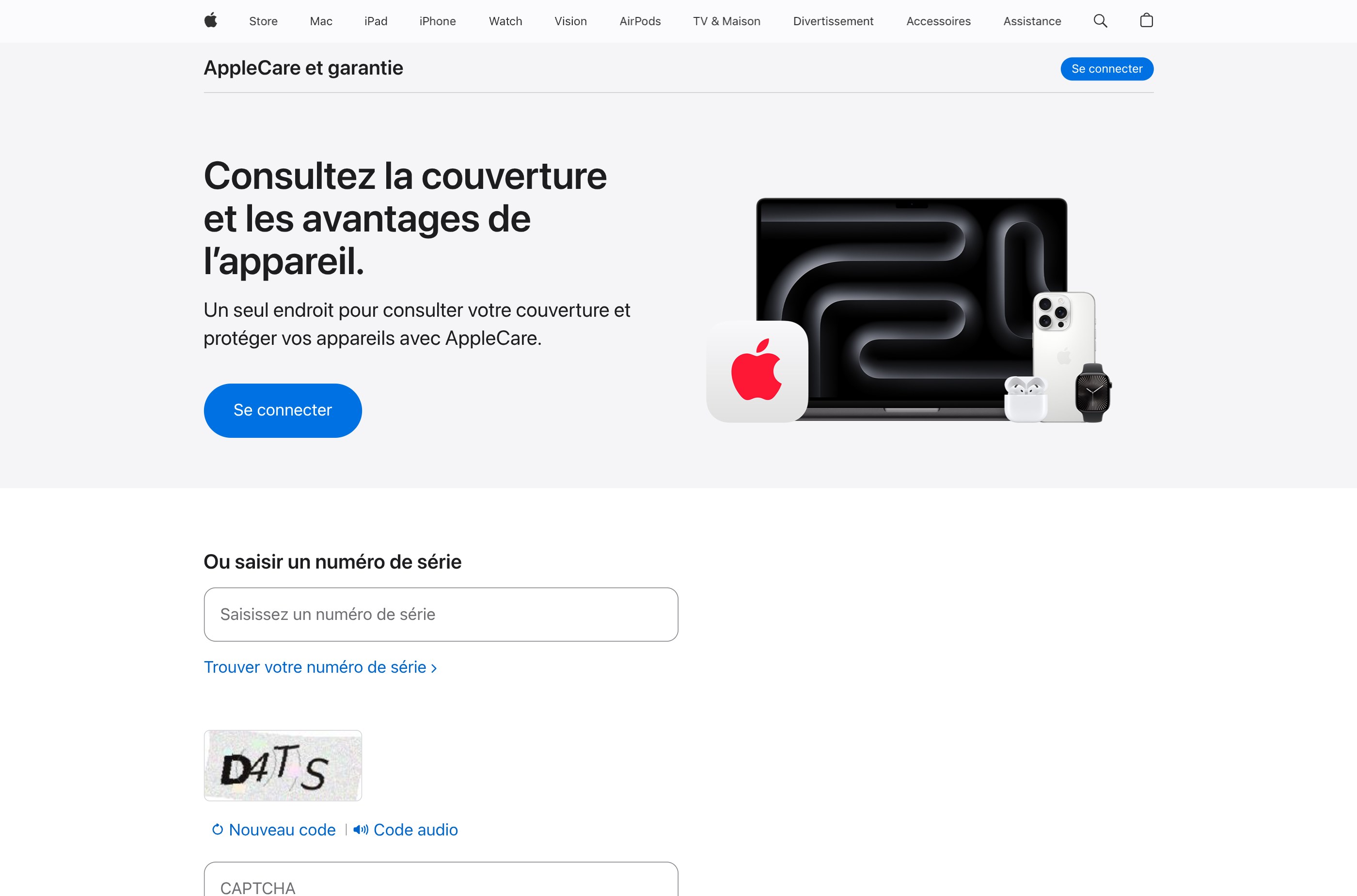 Page française de vérification de la couverture d'Apple avec le champ de saisie du numéro de série des AirPods