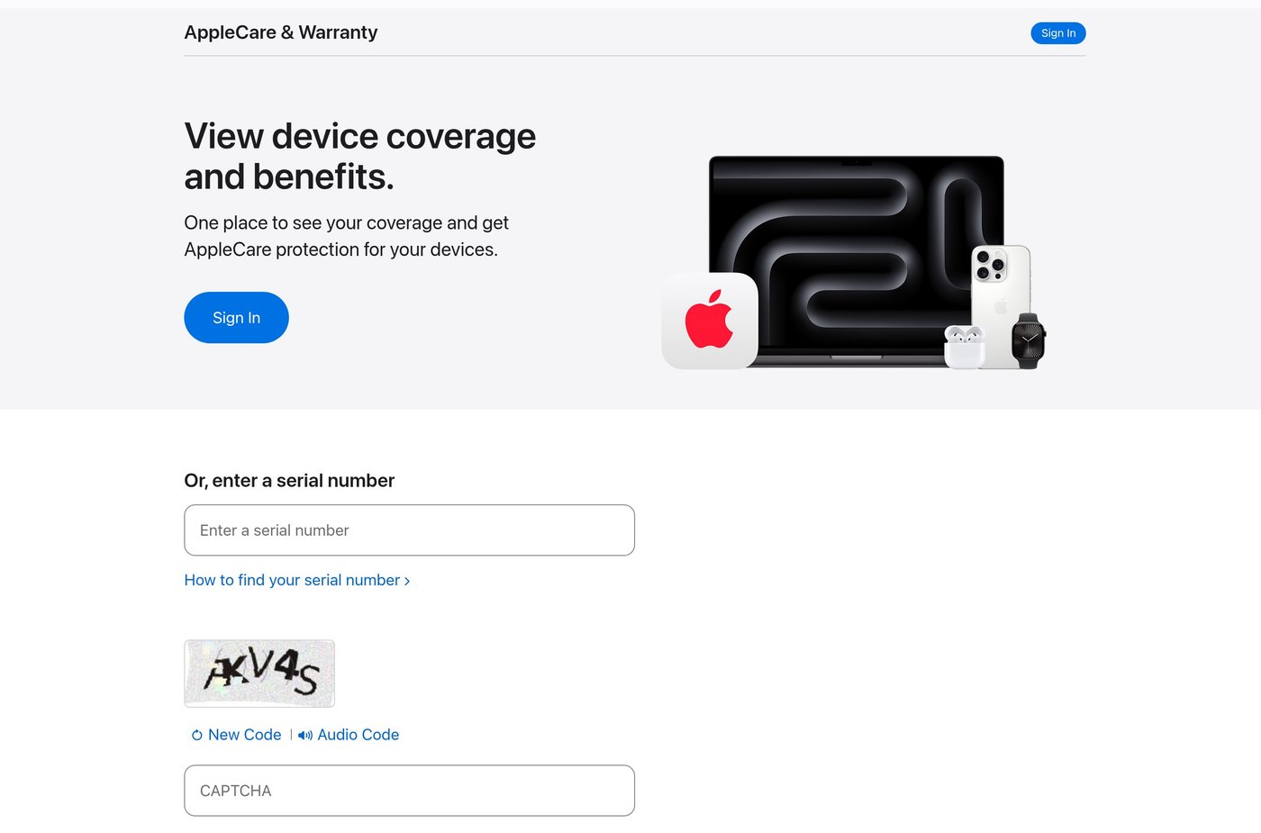 Apple coverage checker page with the serial number entry field used to verify an AirPods serial
