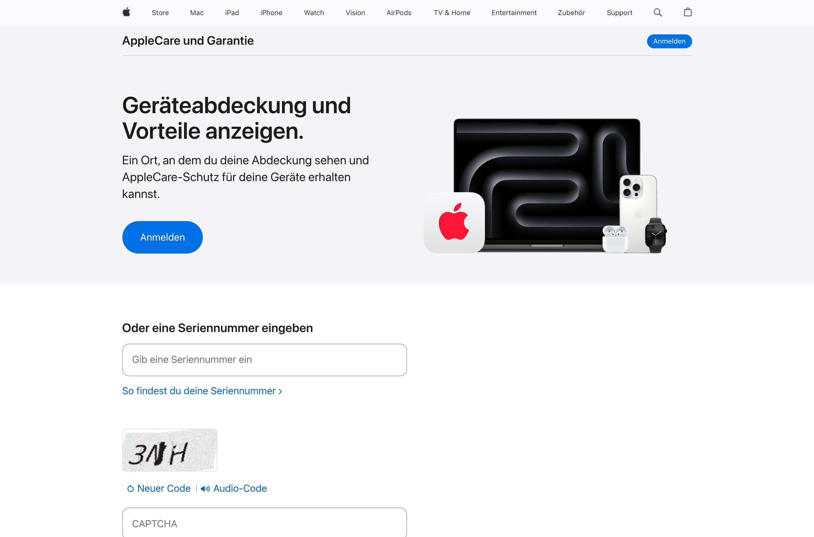 Apples deutsche Seite zur Abdeckungsprüfung mit dem Eingabefeld für die Seriennummer von AirPods
