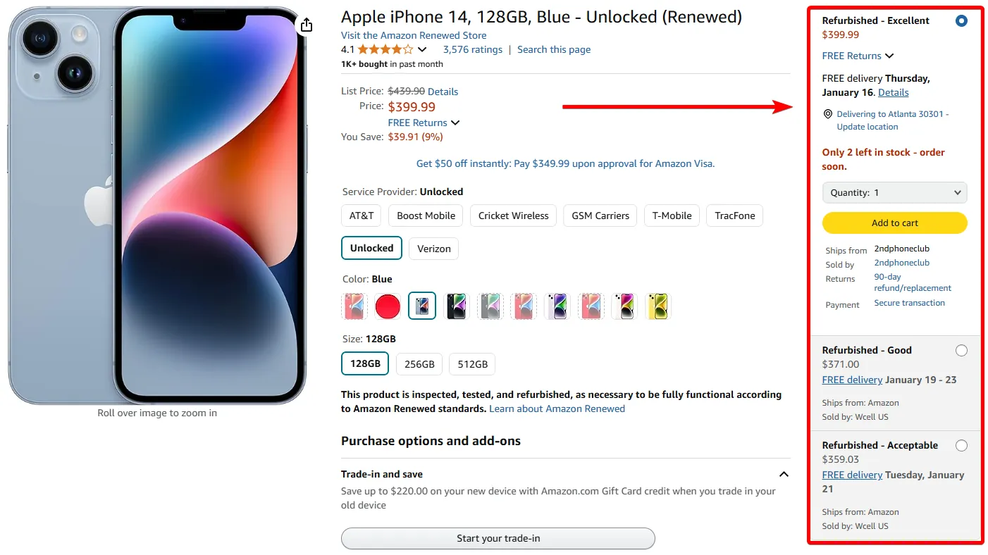 Screenshot of an Amazon Renewed listing for a blue Apple iPhone 14 with 128GB, showing its price, delivery options and purchase choices.