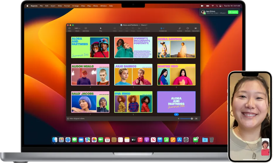 Captura de pantalla de la función Continuidad de Apple que muestra un iPhone y un Mac trabajando simultáneamente.