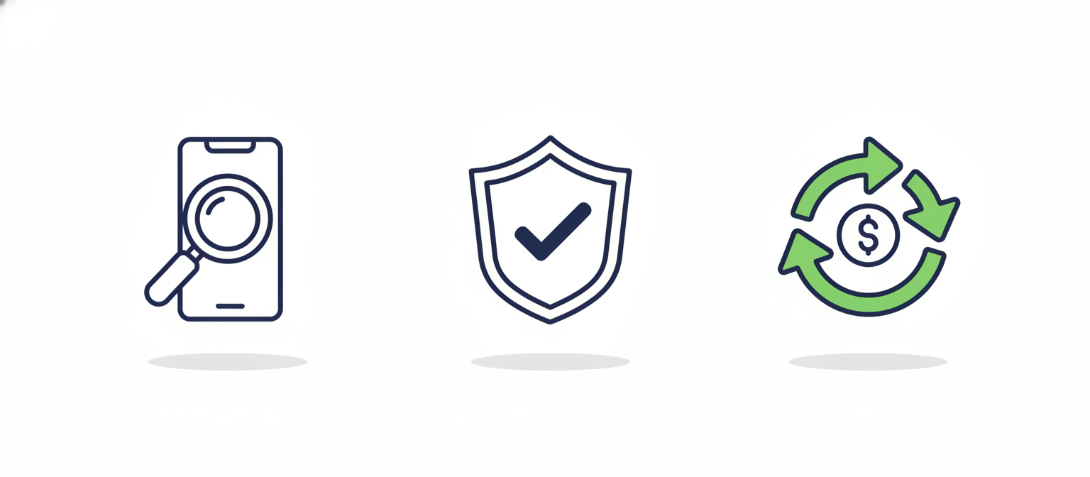 Drei Symbole für generalüberholte Apple-Geräte: Prüfung, Garantie und Ersparnis