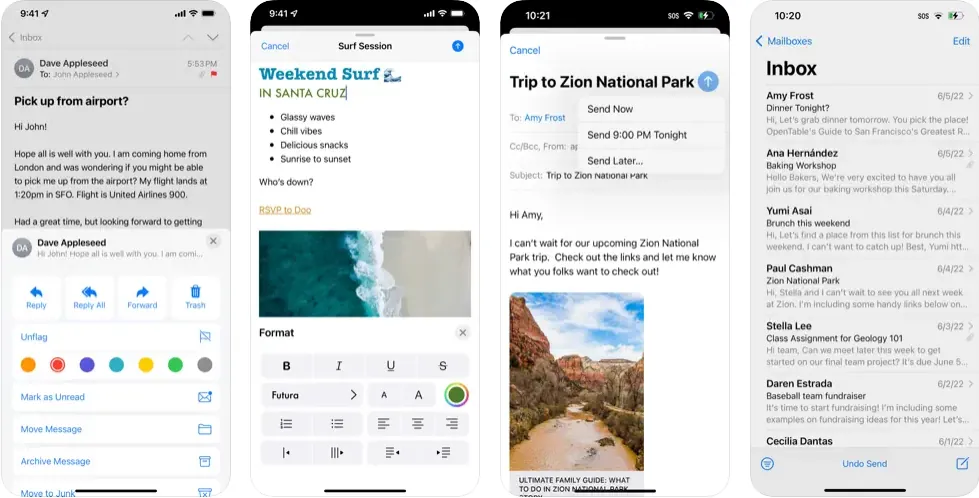 Capturas de pantalla de Apple Mail en el iPhone