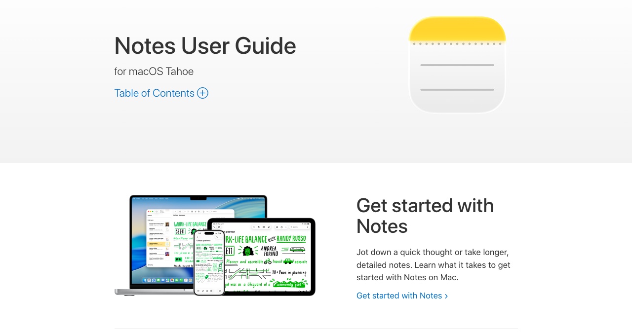 Apple Notes shown on Mac, iPad, and iPhone in Apple's official Notes guide