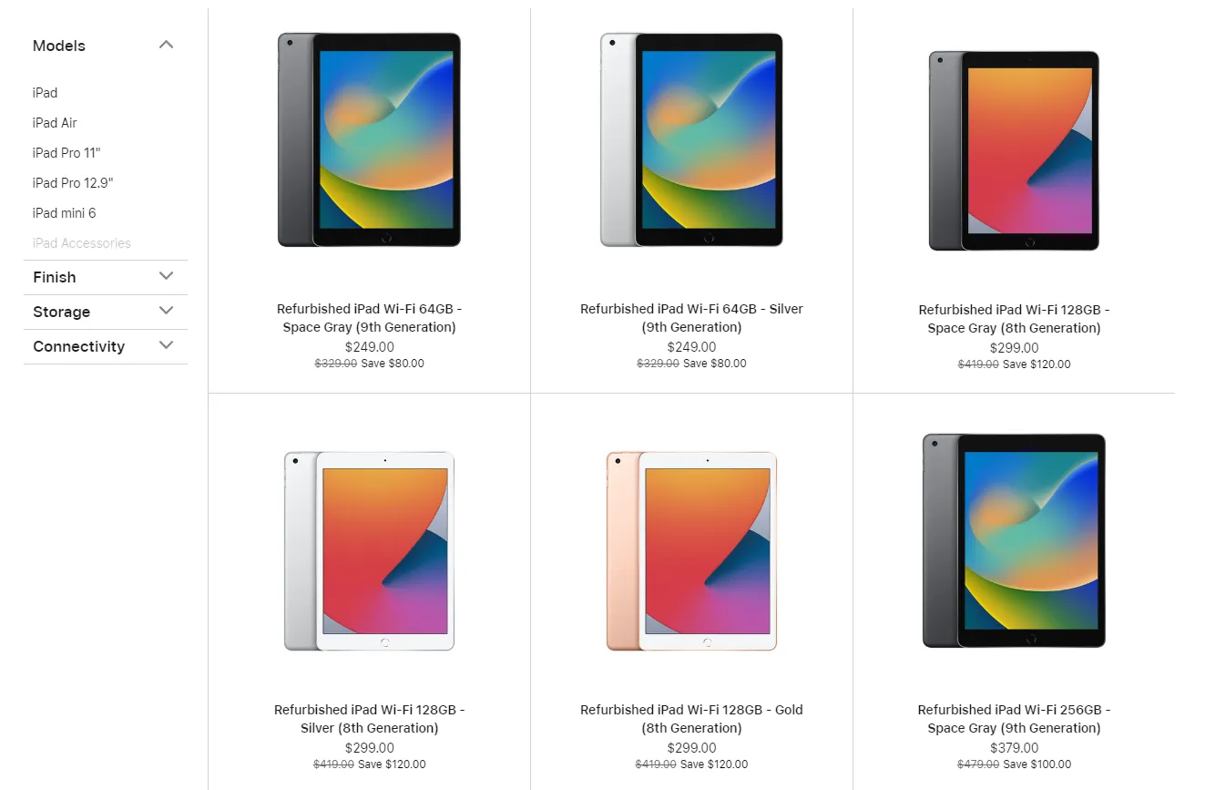 Section iPads reconditionnés de l'Apple Store
