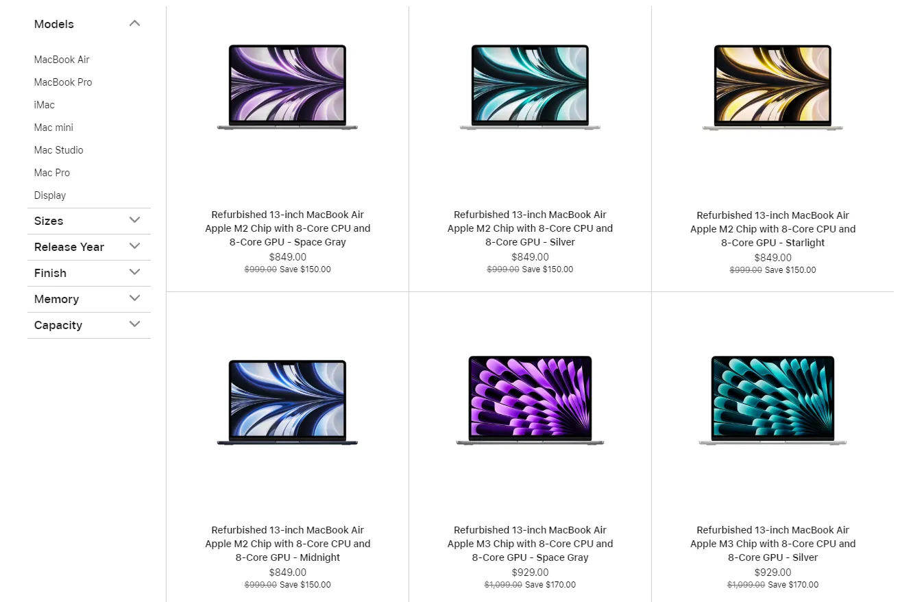 Refurbished MacBook Air models on the Apple Store