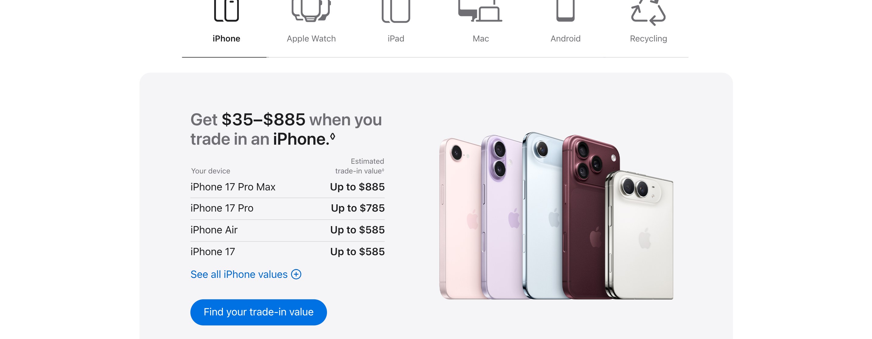 Apple's U.S. Trade In page on 7 October 2026 showing iPhone 17 Pro Max at up to $885 and iPhone 17 at up to $585