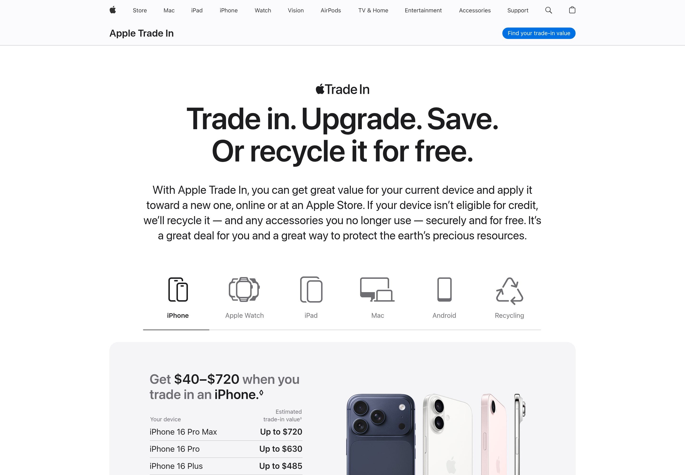 Apple's official Trade In page showing current iPhone 16 trade-in value estimates