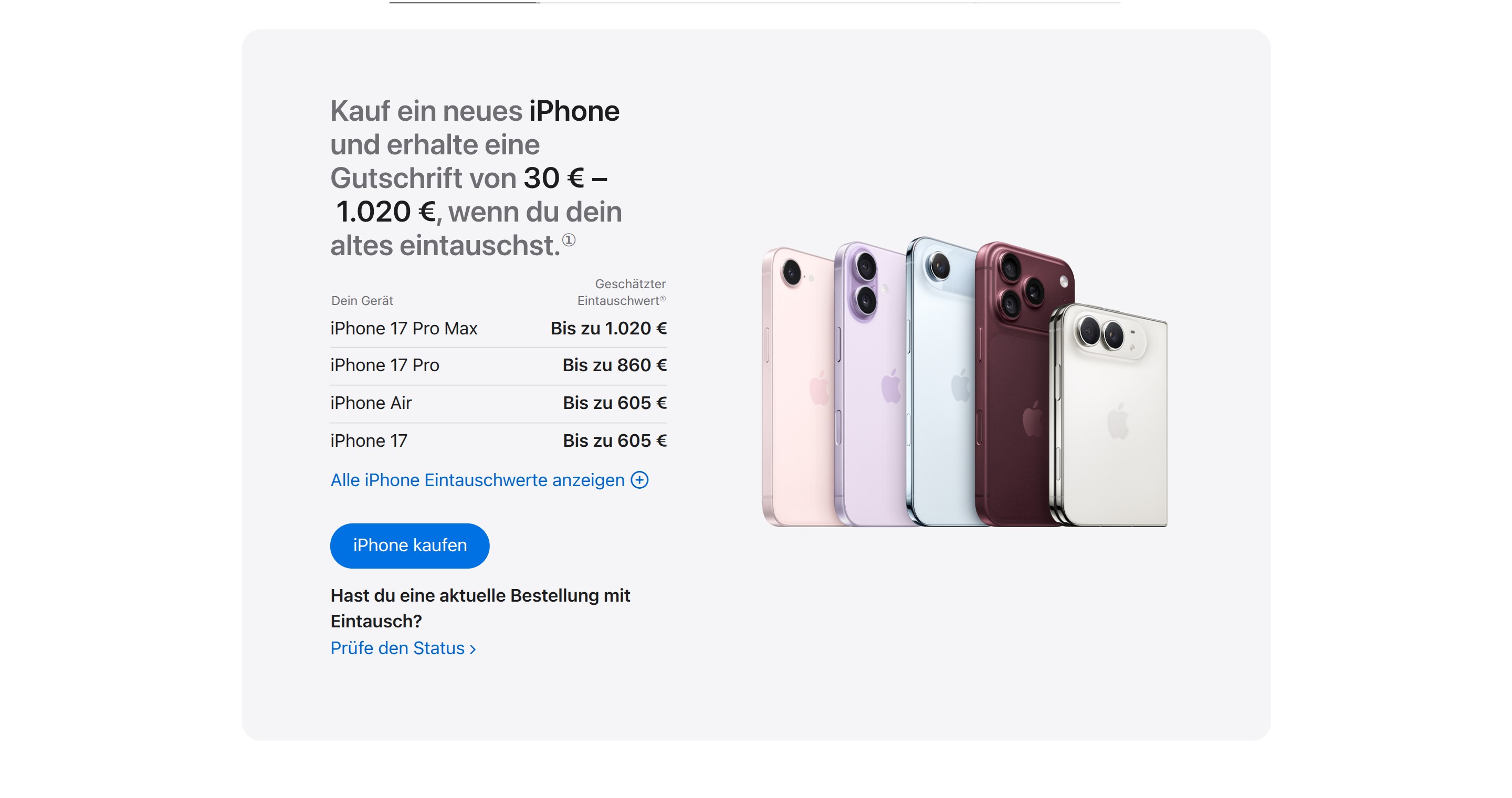 Apples deutsche Trade-In-Seite mit den geschätzten Eintauschwerten für die iPhone-17-Reihe