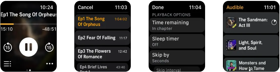 Capturas de pantalla de la aplicación Audible para Apple Watch