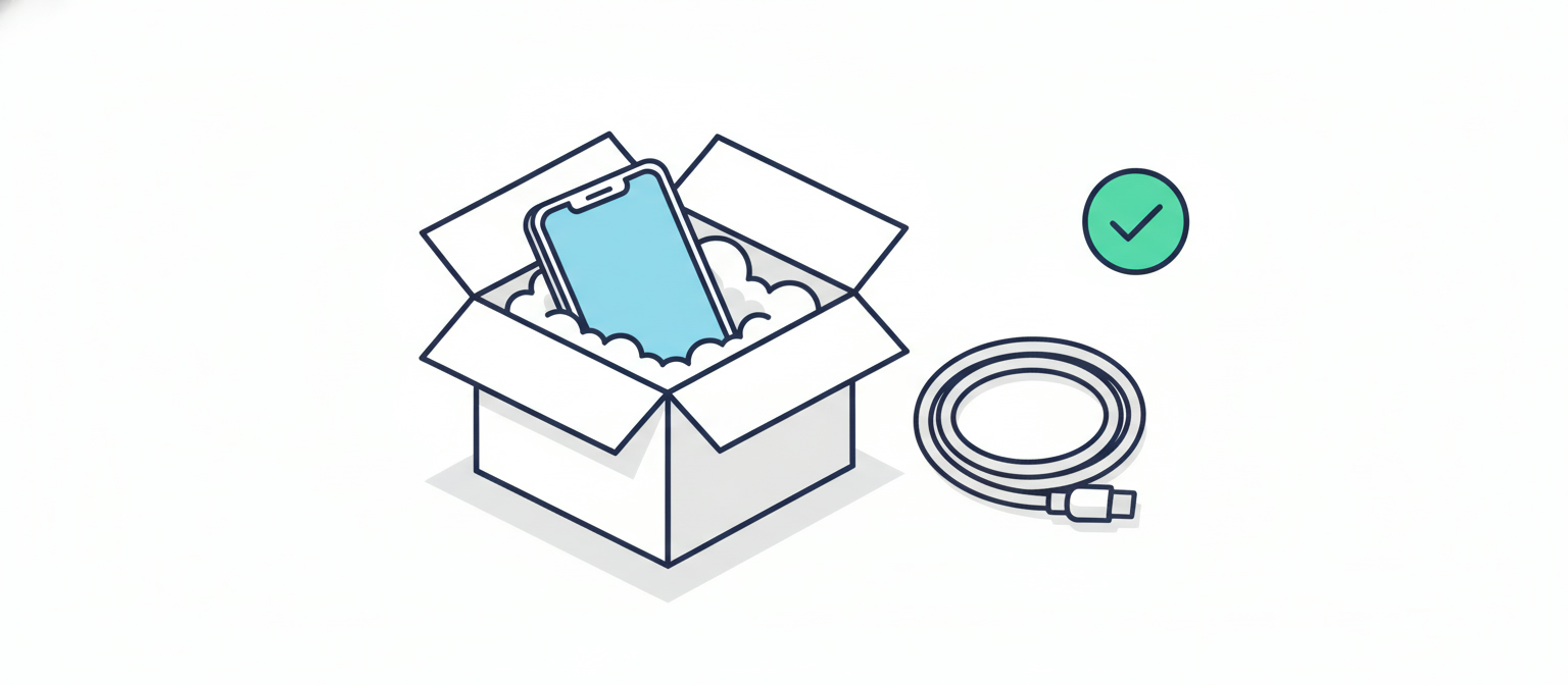 Emballage neutre d'un iPhone reconditionné Back Market avec câble de charge