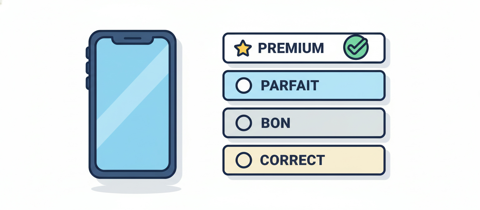 Interface produit Back Market montrant les grades cosmétiques d'un iPhone reconditionné
