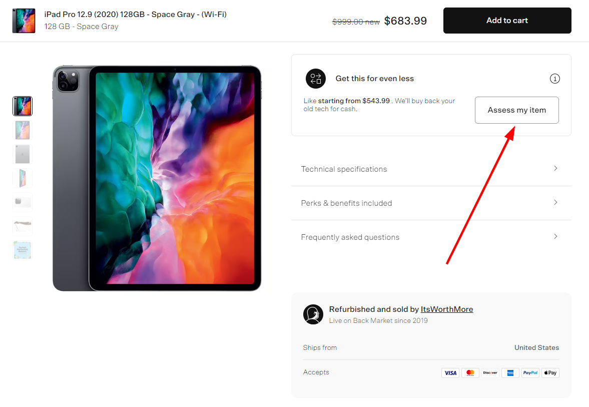 Back Market screenshot pointing to an iPad trade-in