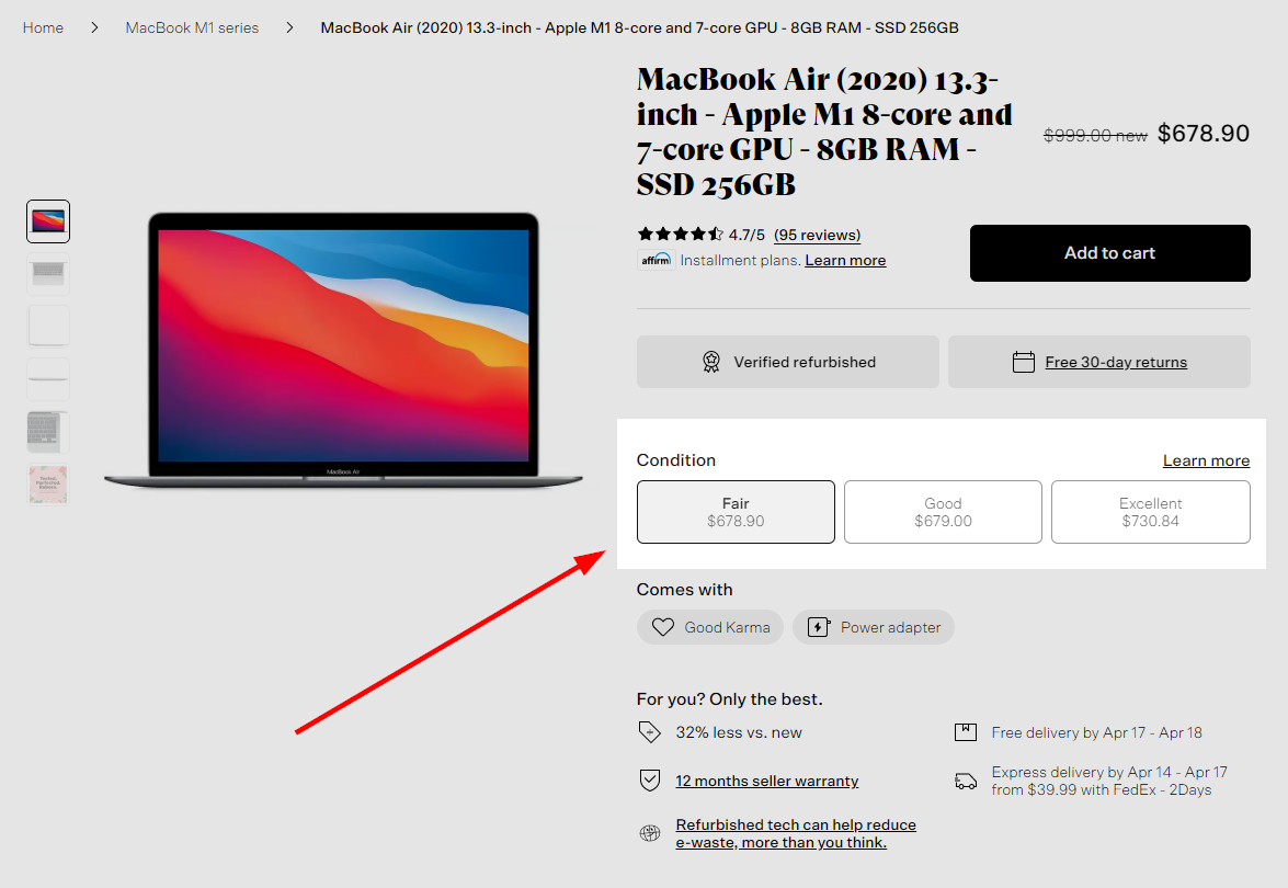 Back Market screenshot of a MacBook's cosmetic conditions