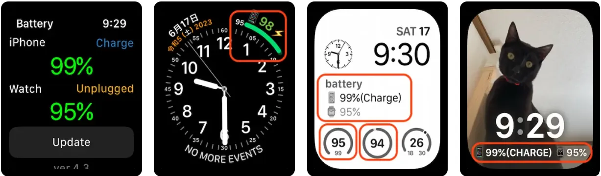 Captura de pantalla de la app BatteryPhone en Apple Watch con complicaciones