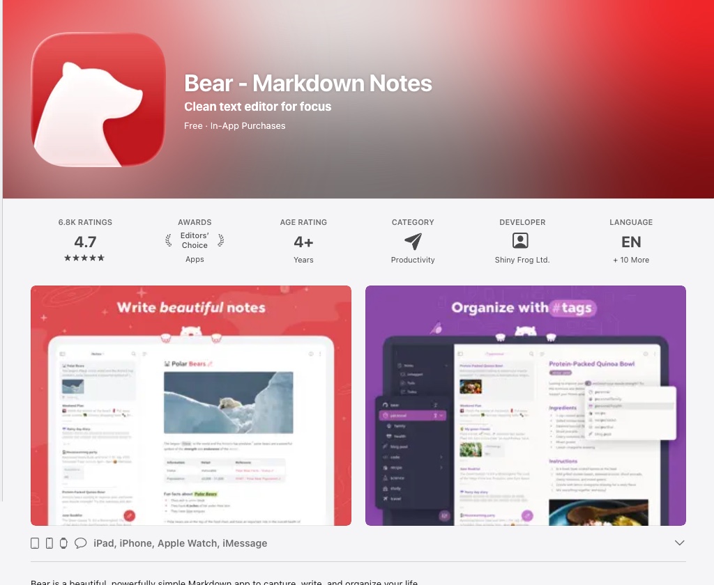 Bear App Store preview screenshots showing the Markdown writing interface