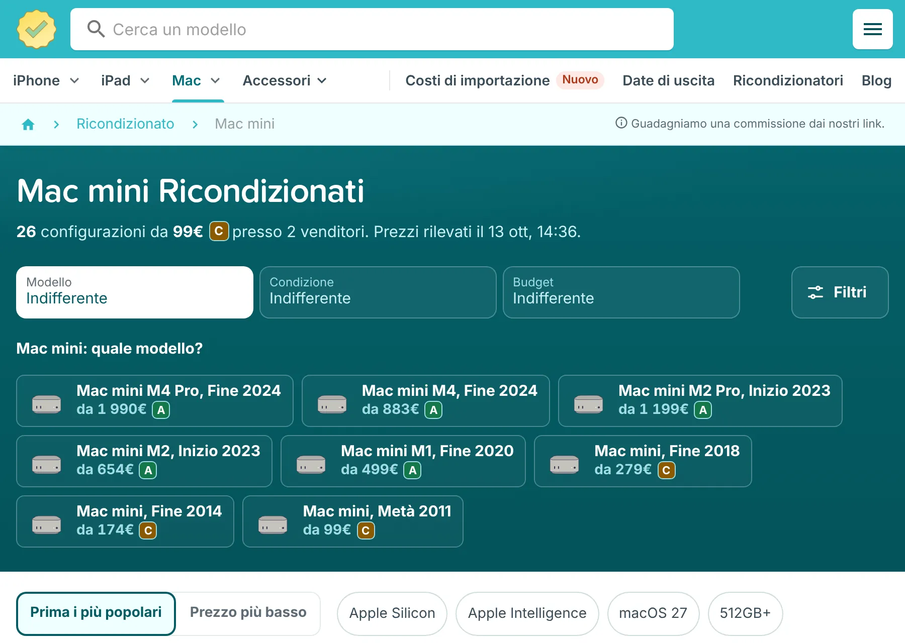Comparatore RefurbMe con i Mac mini ricondizionati in Italia: scelta per modello, condizione e budget, ordinamento e prime configurazioni con venditore e numero di offerte