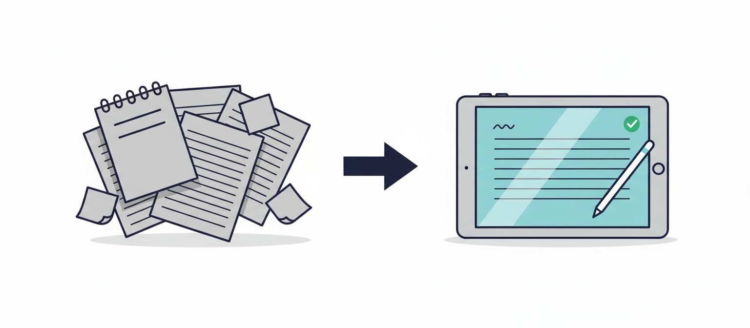 A cluttered pile of paper notebooks and sticky notes replaced by a single iPad with a handwritten note and Apple Pencil