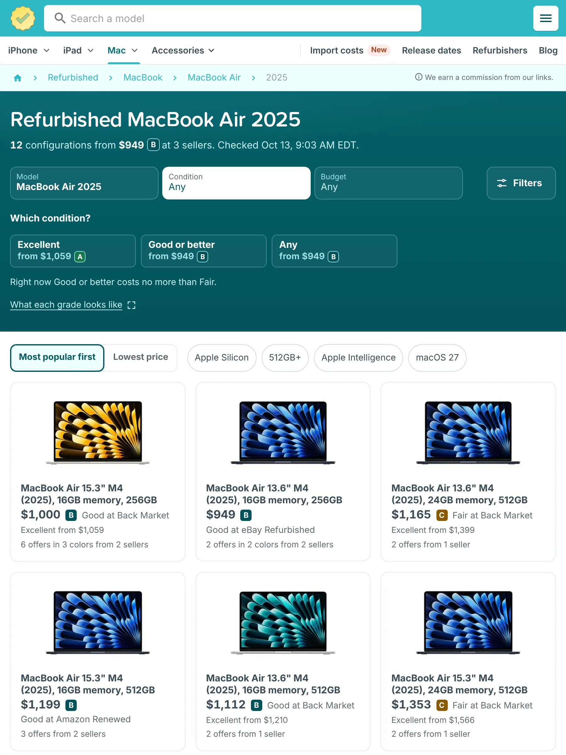 RefurbMe page for refurbished MacBook Air from 2025 with M4 chip configurations from Back Market, eBay Refurbished and Amazon Renewed