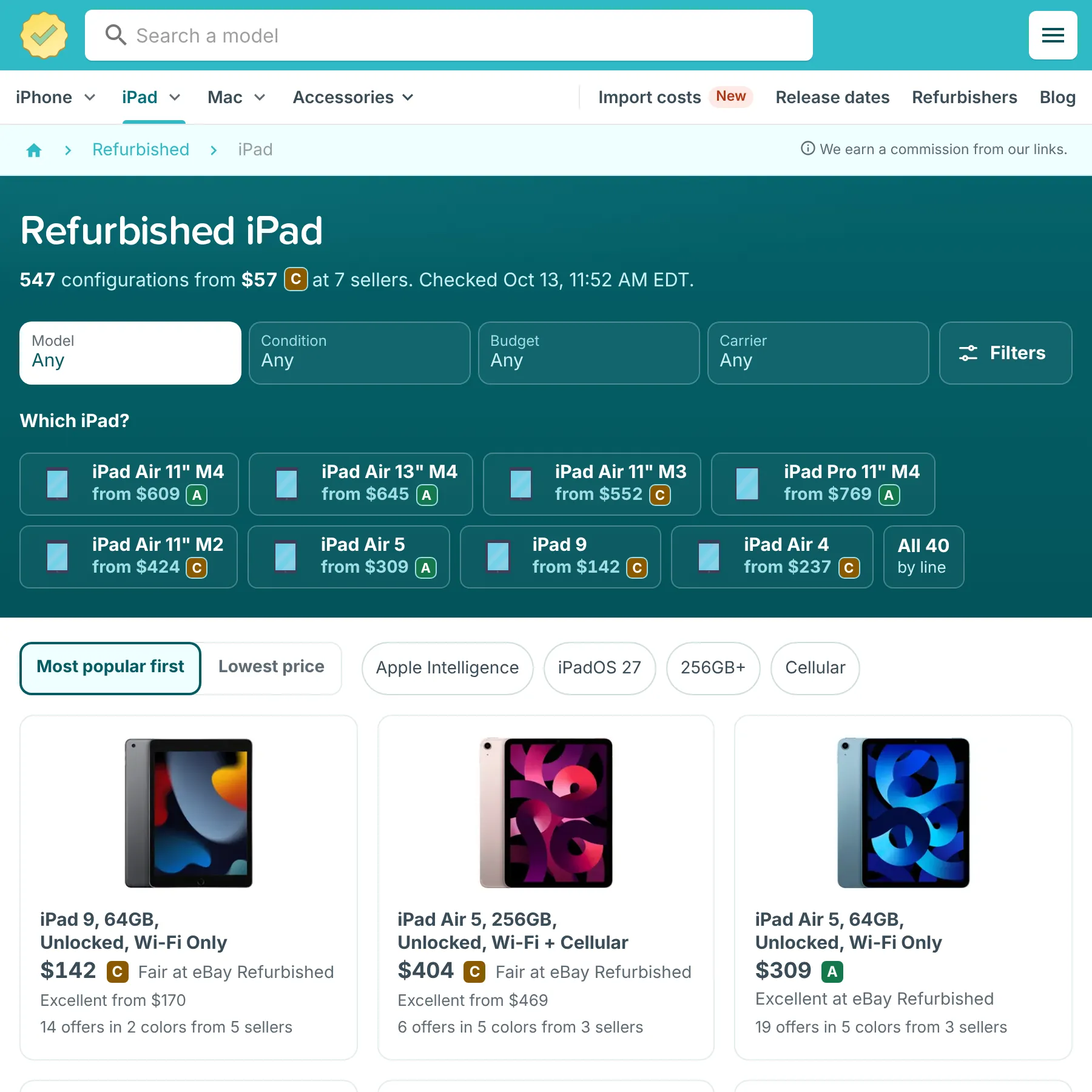 RefurbMe refurbished iPad page with Model, Condition, Budget and Carrier filters and iPad configurations from several sellers