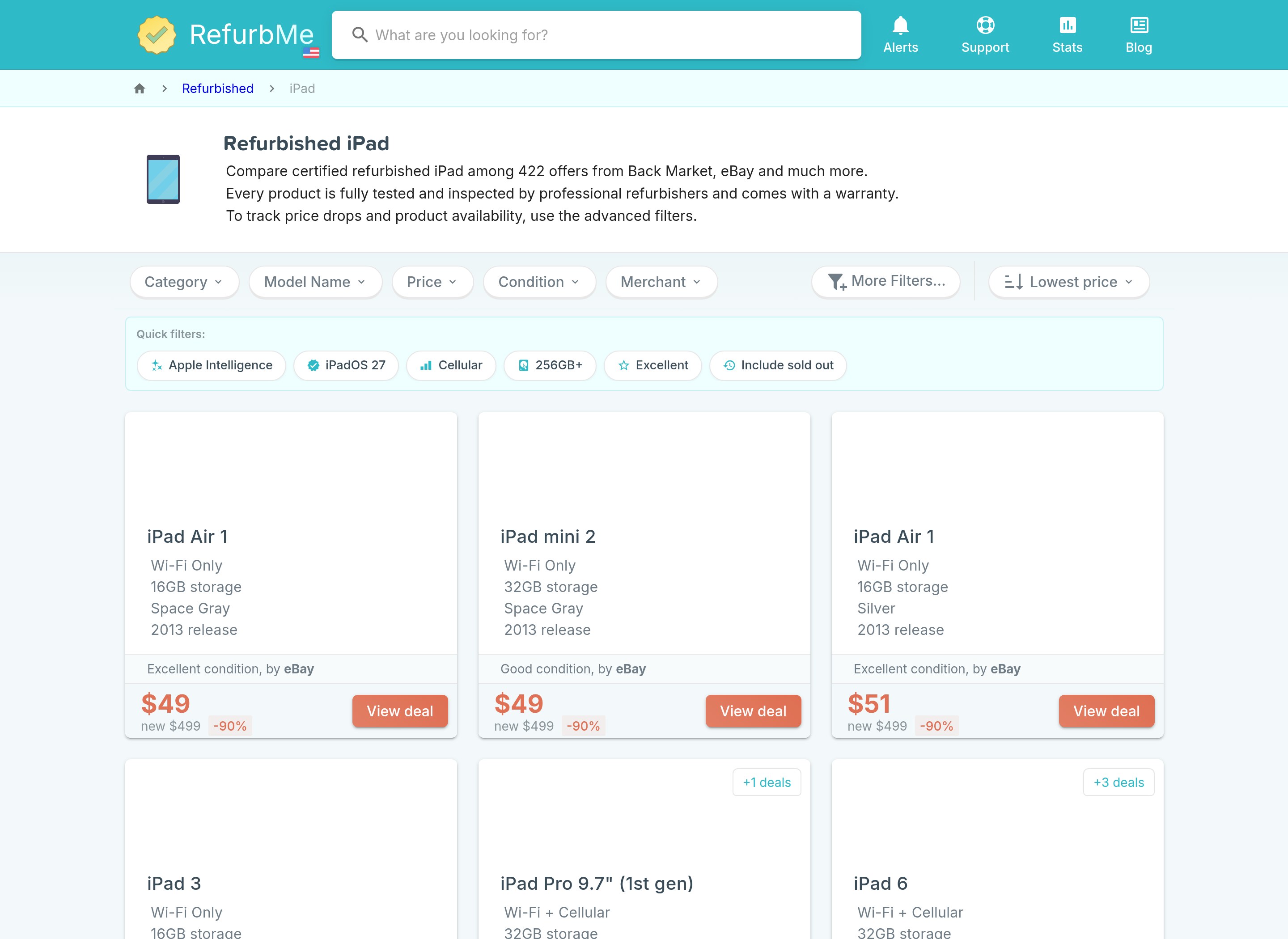 RefurbMe comparison page showing refurbished iPad prices from multiple sellers