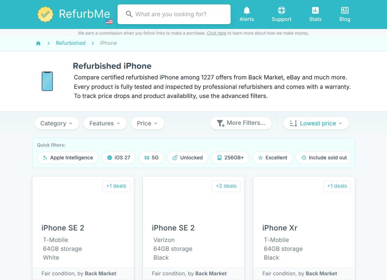 RefurbMe comparison page showing refurbished iPhone prices from multiple sellers