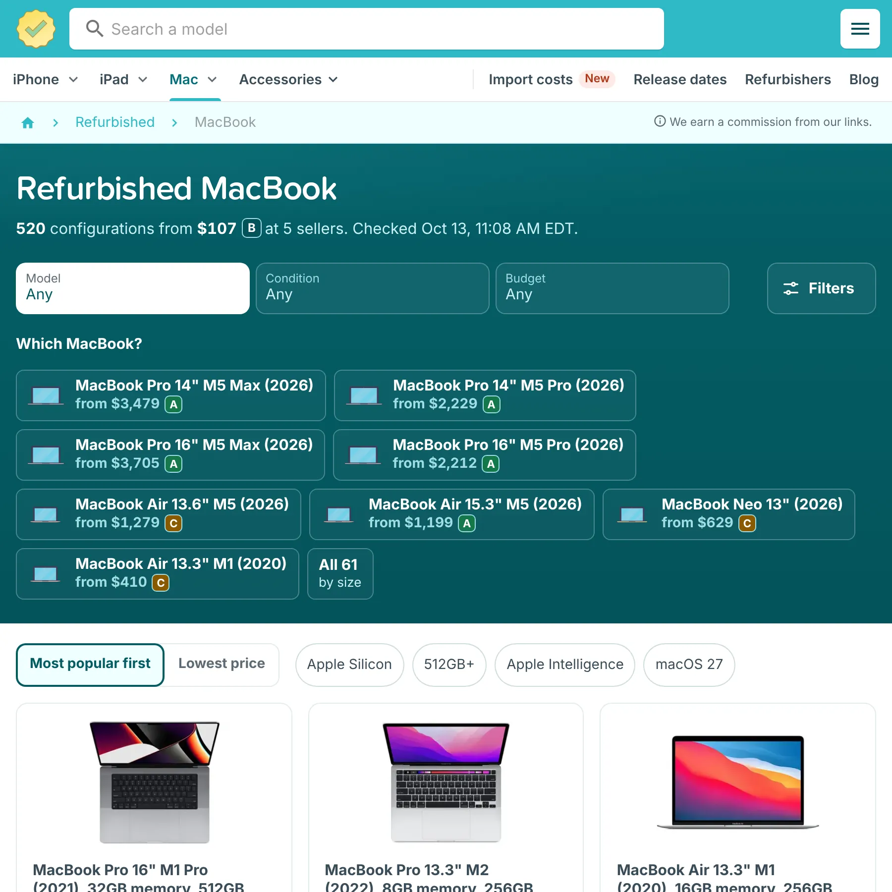 RefurbMe refurbished MacBook page with Model, Condition and Budget filters and MacBook configurations from several sellers