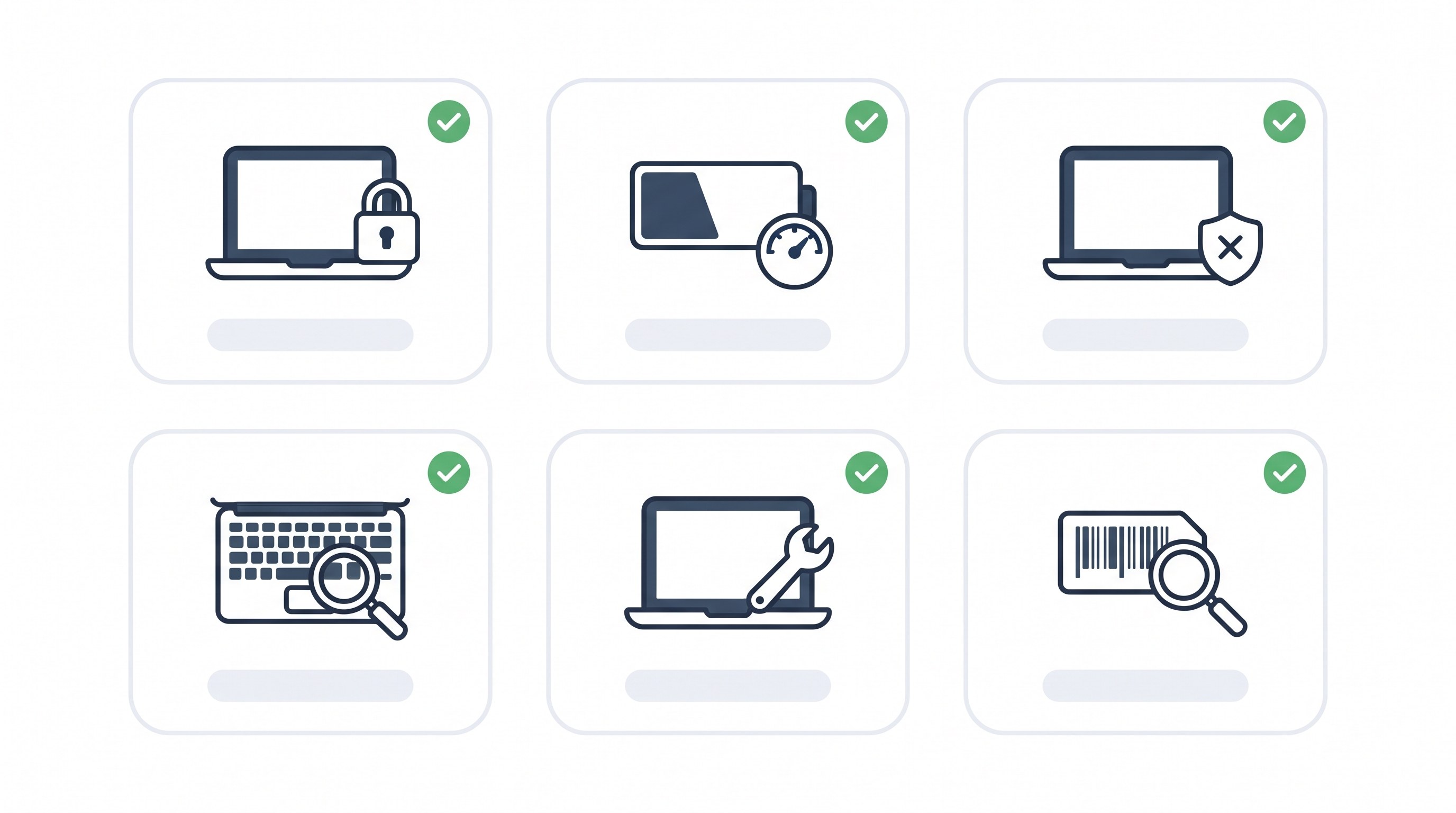 Icon checklist for buying a used MacBook: Activation Lock, battery health, MDM profile, keyboard, ports, and serial number
