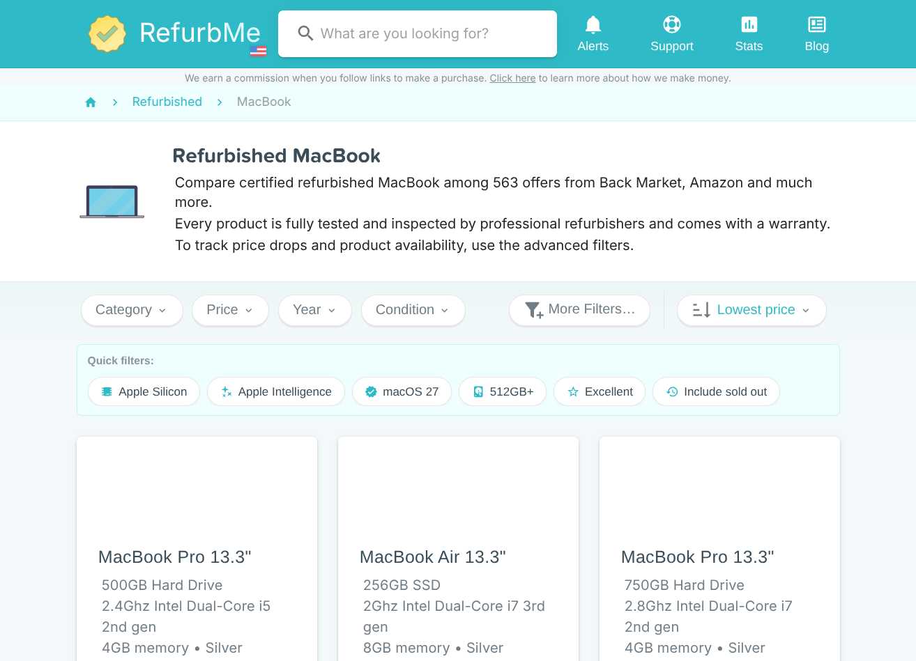 RefurbMe comparison page showing refurbished MacBook prices from multiple sellers
