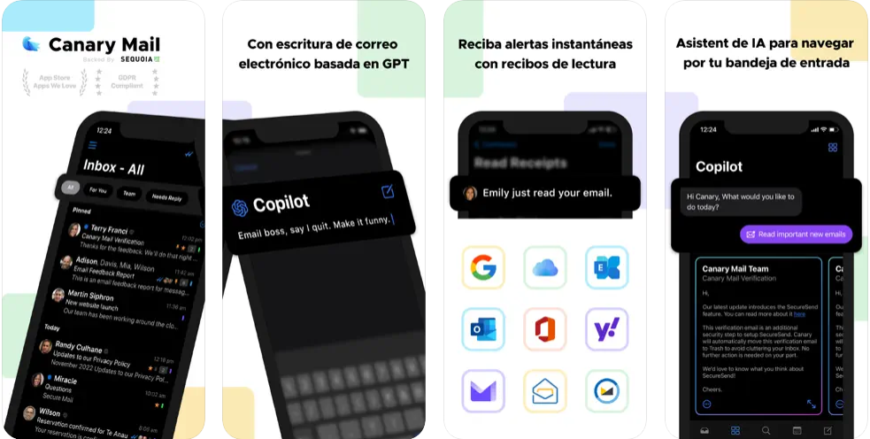 Capturas de pantalla de Canary Mail en el iPhone