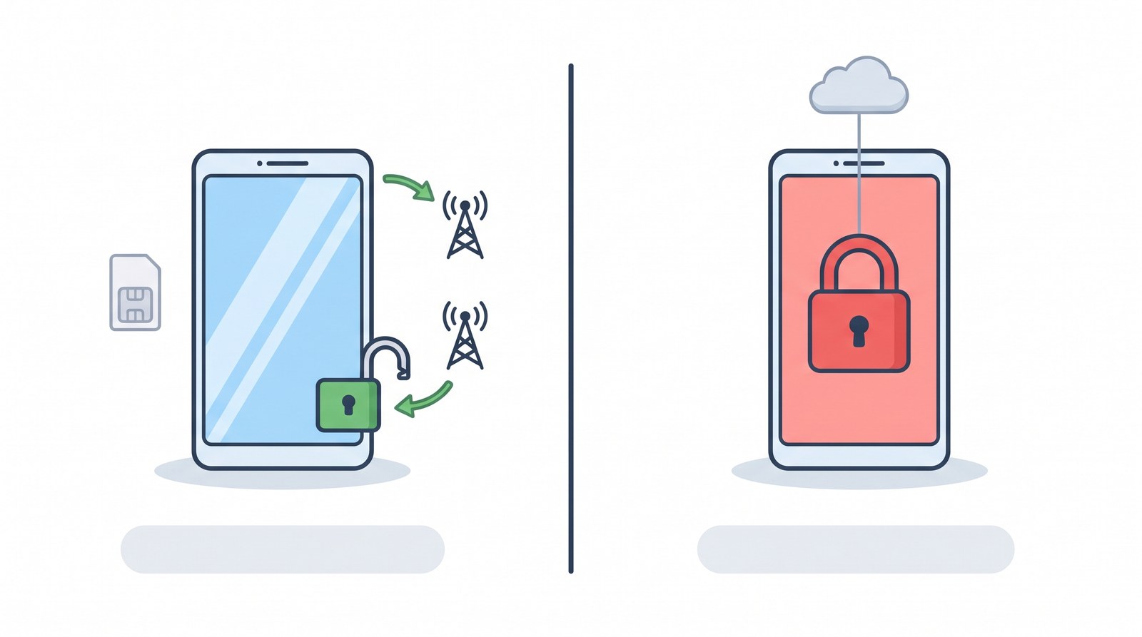 Diagram contrasting a carrier-locked iPhone that can switch networks once unlocked with an iPhone blocked by Activation Lock