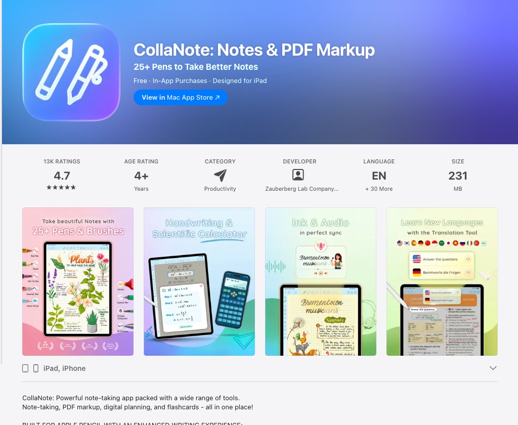 CollaNote App Store preview screenshots showing handwriting and templates
