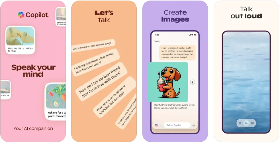 Capturas de pantalla de la app Microsoft Copilot para iPhone