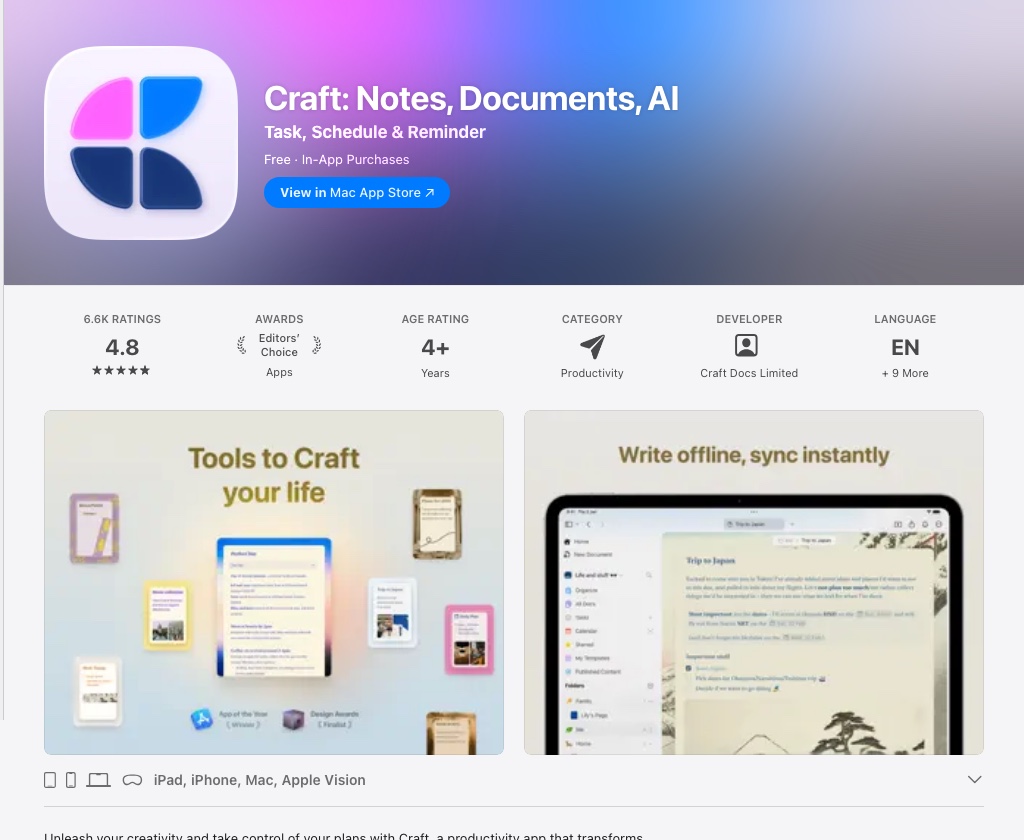 Craft App Store preview screenshots showing document creation and sync