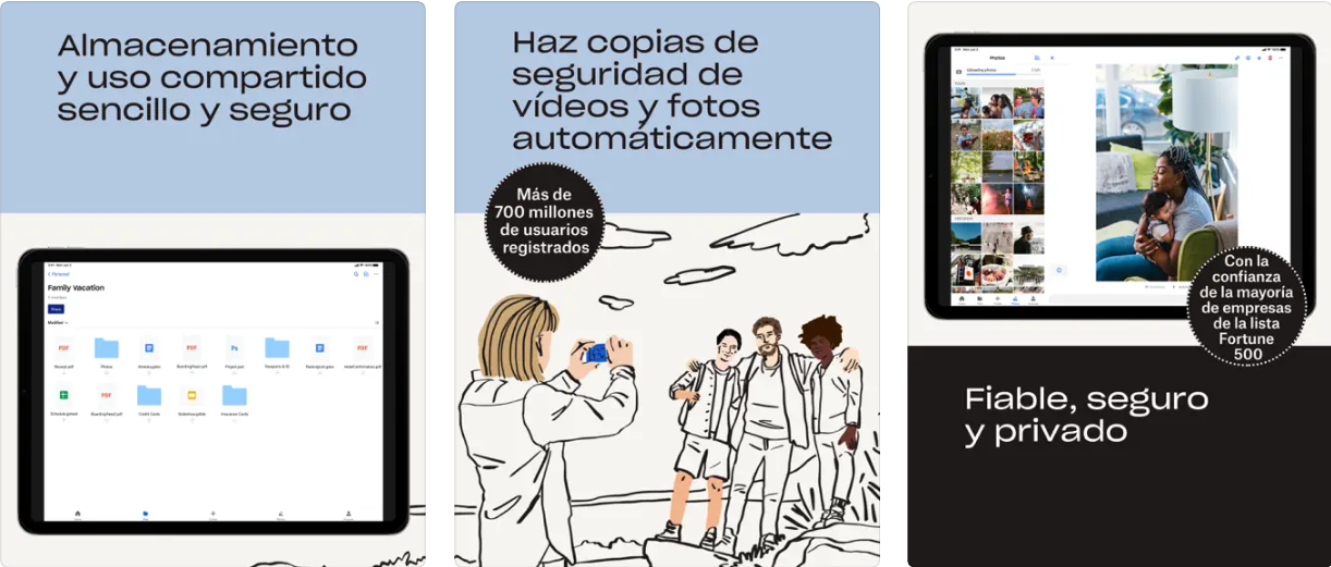 Capturas de pantalla de la app Dropbox para iPad