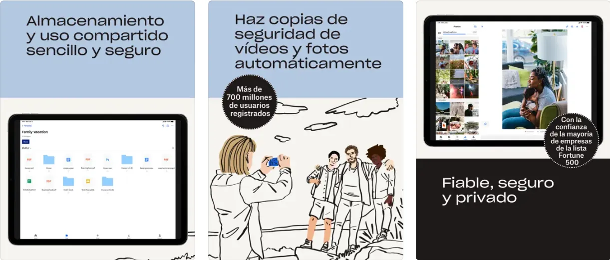 Capturas de pantalla de la app Dropbox para iPad