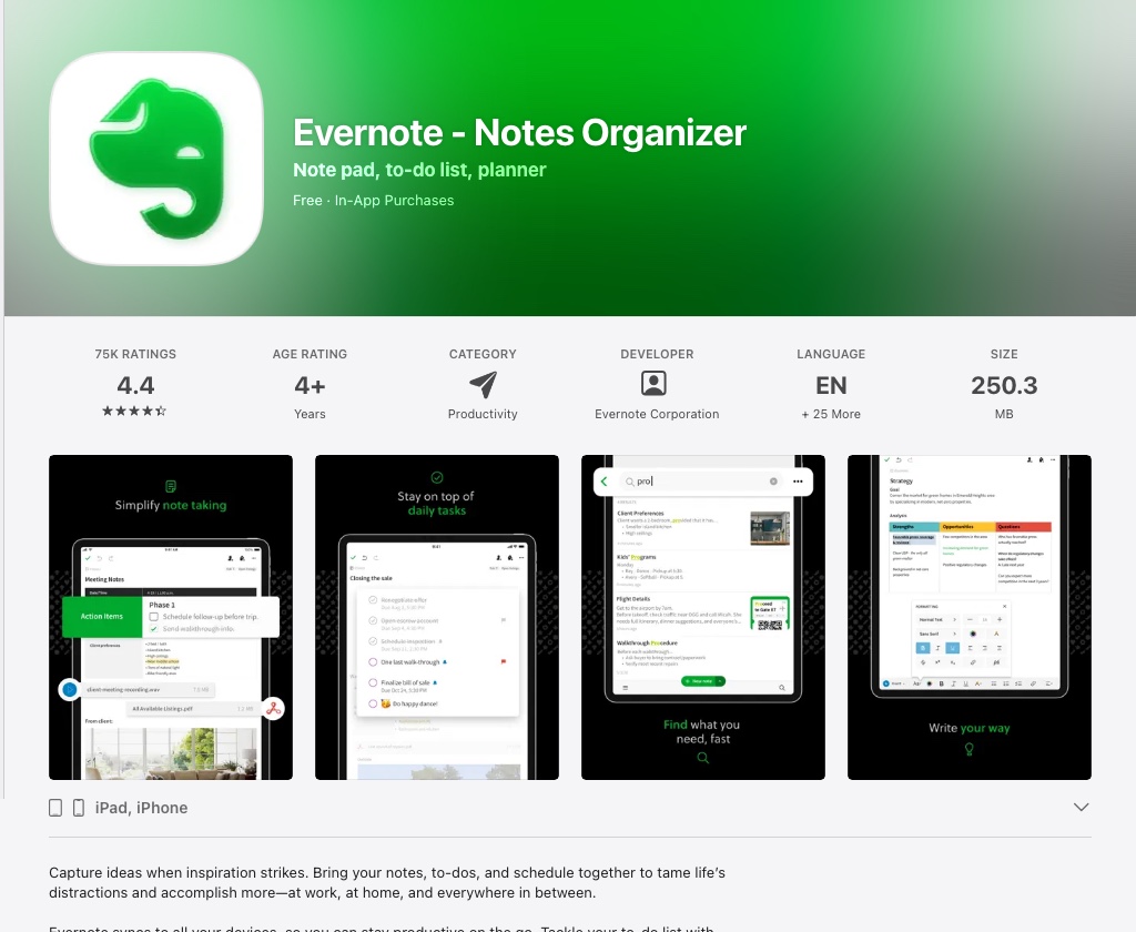 Evernote App Store preview screenshots showing notes, reminders, and search
