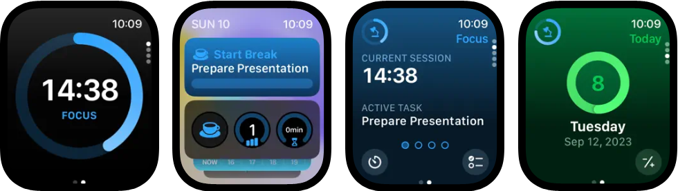 Capturas de pantalla de la aplicación Focus para Apple Watch