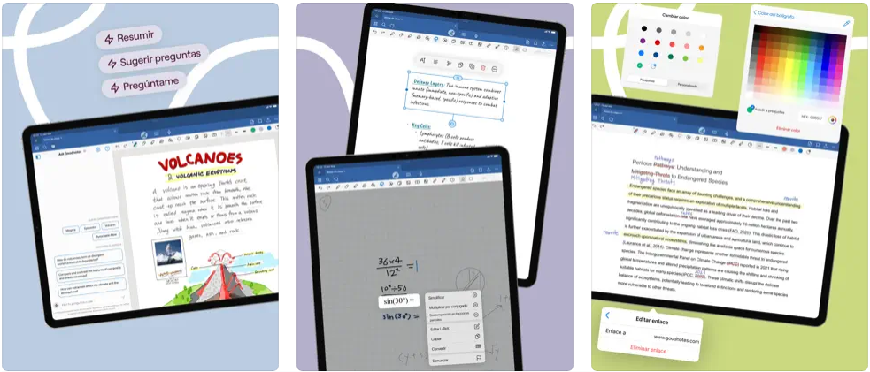 Capturas de pantalla de la app GoodNotes para iPad