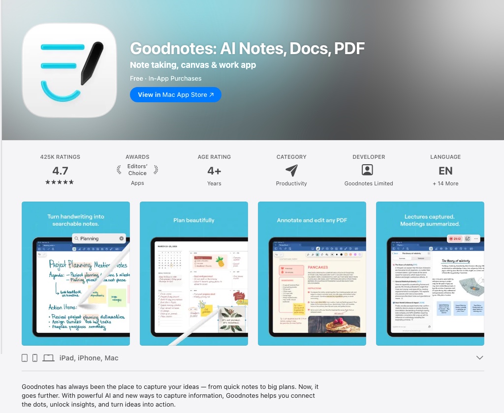 Goodnotes 6 App Store preview screenshots showing AI notes and a 4.7 rating