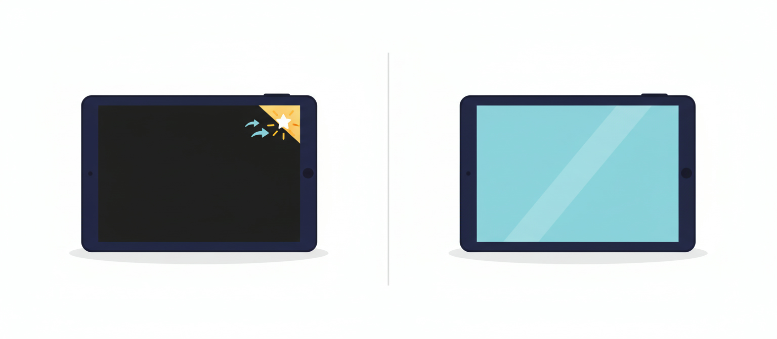 Illustration comparing an OLED iPad screen with deep blacks and a bright HDR highlight against a standard LCD screen