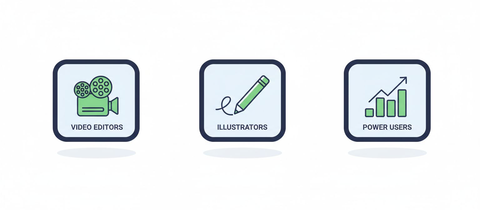 Three user profiles who benefit from the iPad Pro: video editors, illustrators, and power users