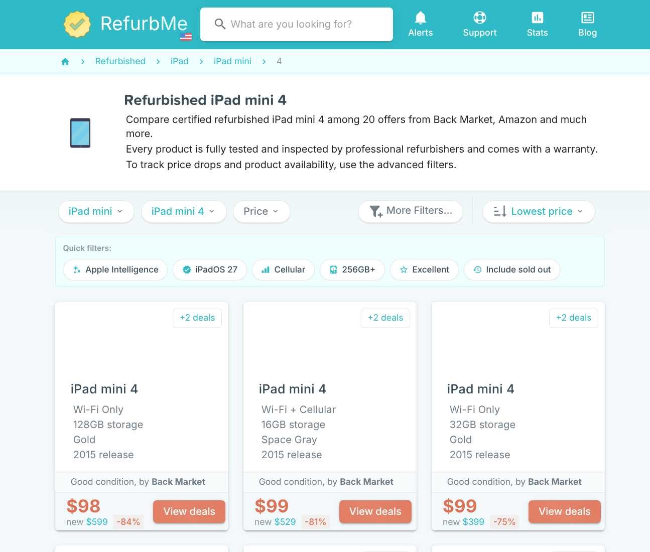 RefurbMe comparison page showing live refurbished iPad mini 4 prices and sellers
