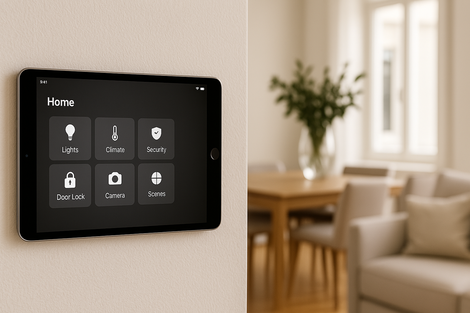 A repurposed iPad mounted on a wall displays smart home control options: lights, climate, security, door lock, camera, and scenes, a clever use for an old iPad. A dining table and chairs are visible in the blurred background.