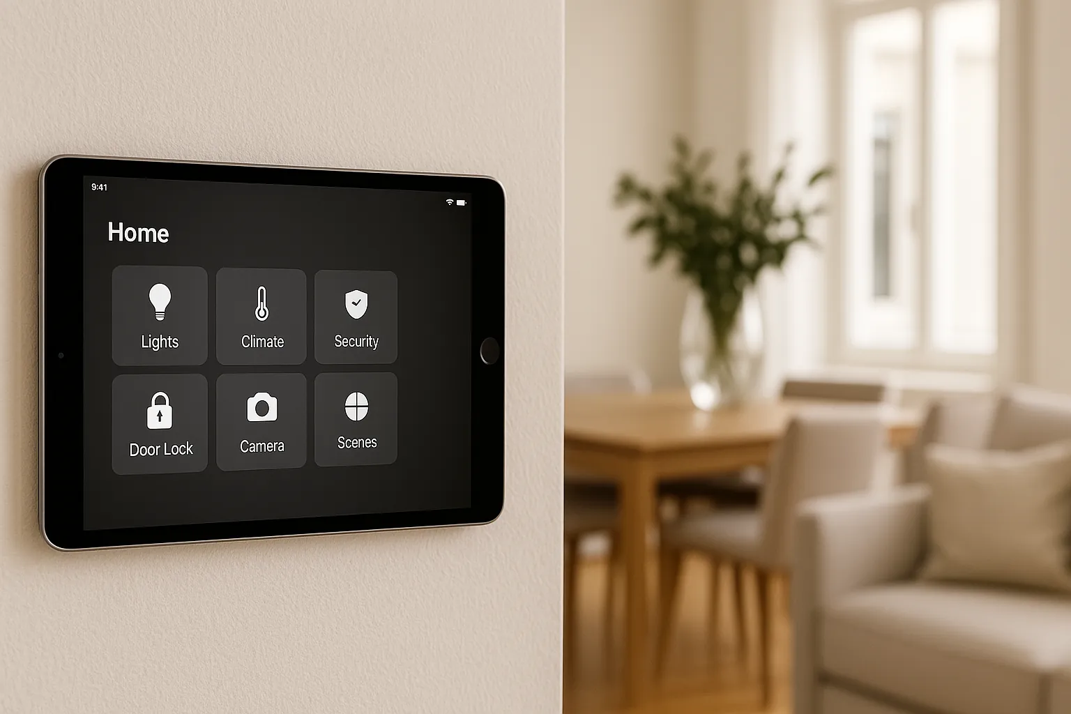 Un iPad réutilisé, fixé au mur, affiche des options de contrôle domotique : lumières, climatisation, sécurité, serrure, caméra et scènes. Une table à manger et des chaises apparaissent en arrière-plan flou.