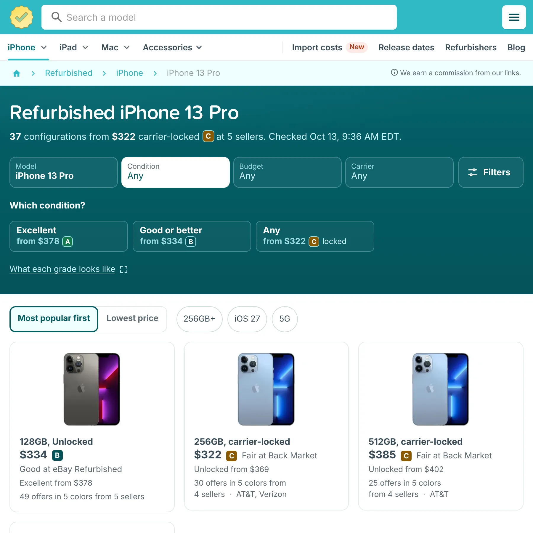 RefurbMe page for the refurbished iPhone 13 Pro with condition grades, Carrier and Budget filters and configurations from eBay Refurbished and Back Market